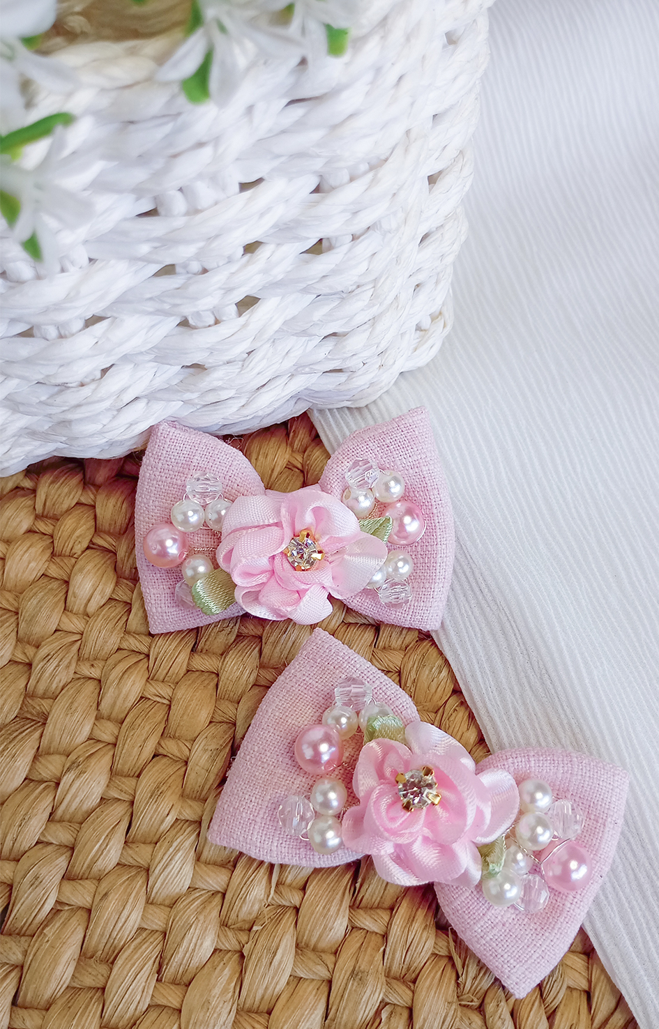 Parzinho Laço Princesa Rosa - Laços de Cabelo Parzinho Bordados com Pérolas - Imagem 2