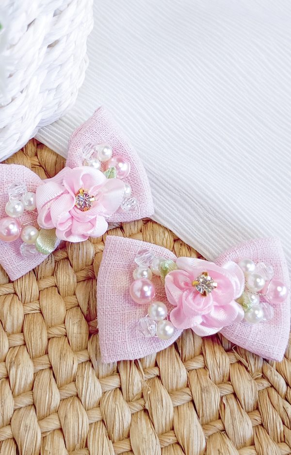 Parzinho Laço Princesa Rosa - Laços de Cabelo Parzinho Bordados com Pérolas