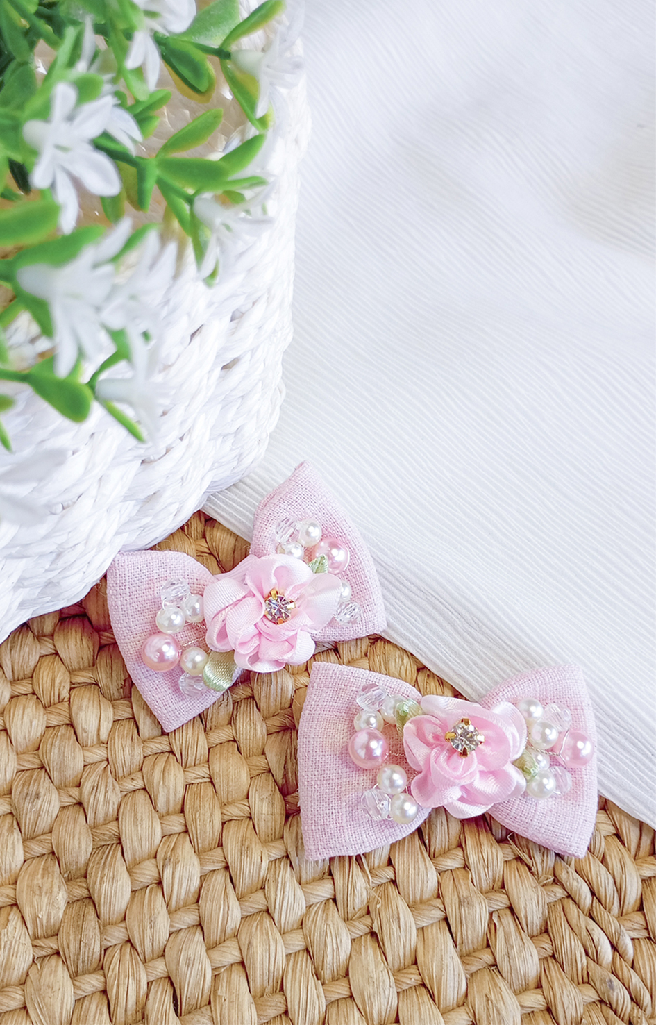 Parzinho Laço Princesa Rosa - Laços de Cabelo Parzinho Bordados com Pérolas - Imagem 4